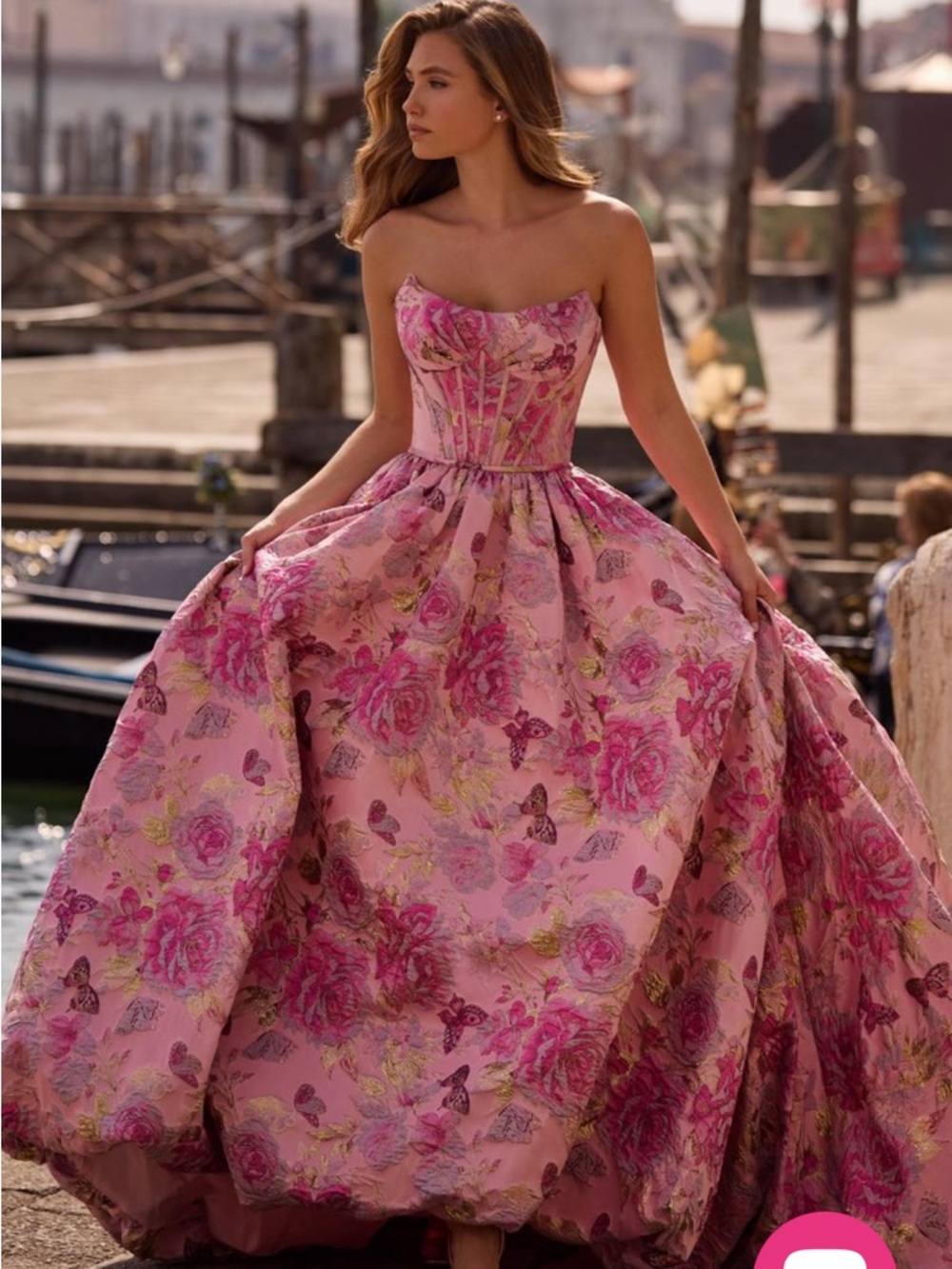 Sherri Hill Strapless Pink Floral Ball Gown with Jacquard